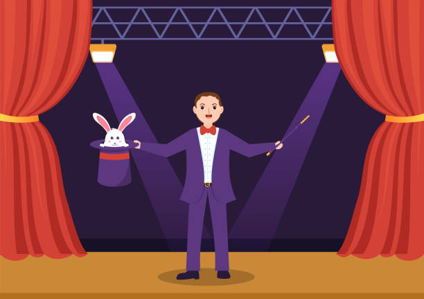 istock Magician Illusionist Conjuring Tricks and Waving a Magic Wand above his Mysterious Hat on a Stage in Template Hand Drawn Cartoon Flat Illustration 1428628112