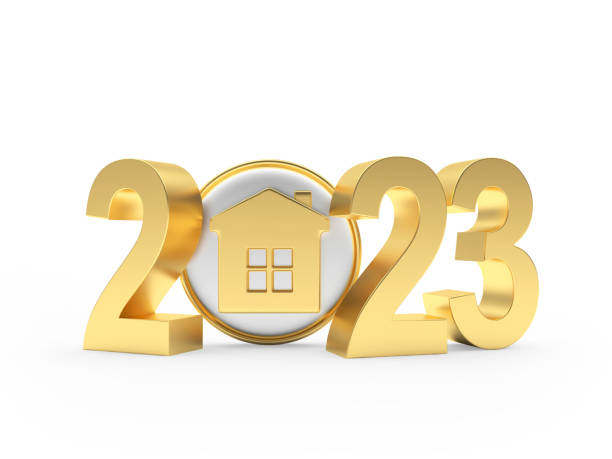 istock Golden number 2023 with house icon. 3D 1428628734