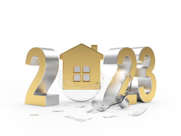 istock 2023 with house icon in broken Christmas ball. 3D 1428628737