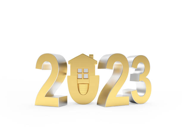 istock House icon with golden number 2023. 3D 1428628738