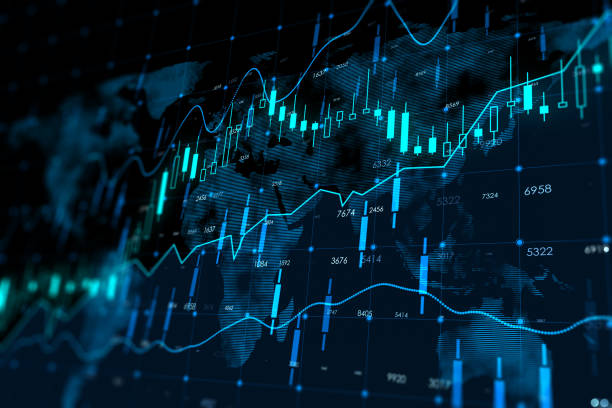 istock Perspective view on digital screen with glowing financial chart graphs, diagrams and candlestick on dark world map background, global investing concept. 3D rendering 1428628848