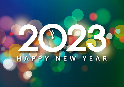 Join the countdown party on the New Year's Eve of 2023 with clock and 2023 on the colorful sparkling bokeh lights background