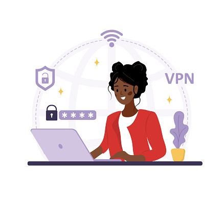 VPN Technology. African woman using app for protect personal data. Cyber security. Virtual private network connection. Modern software for remote servers. Vector illustration in flat cartoon style.