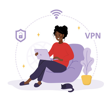 VPN service. African woman using private network for protect personal data. Protection of DNS and IP addresses. Database security software. Vector illustration in flat cartoon style.