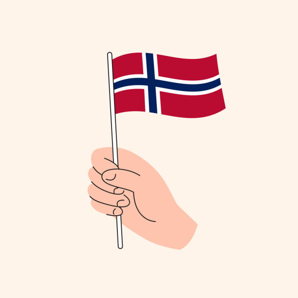 illustrazioni stock, clip art, cartoni animati e icone di tendenza di mano del fumetto che tiene l'icona della bandiera norvegese, disegno vettoriale isolato - norwegian flag norway flag freedom