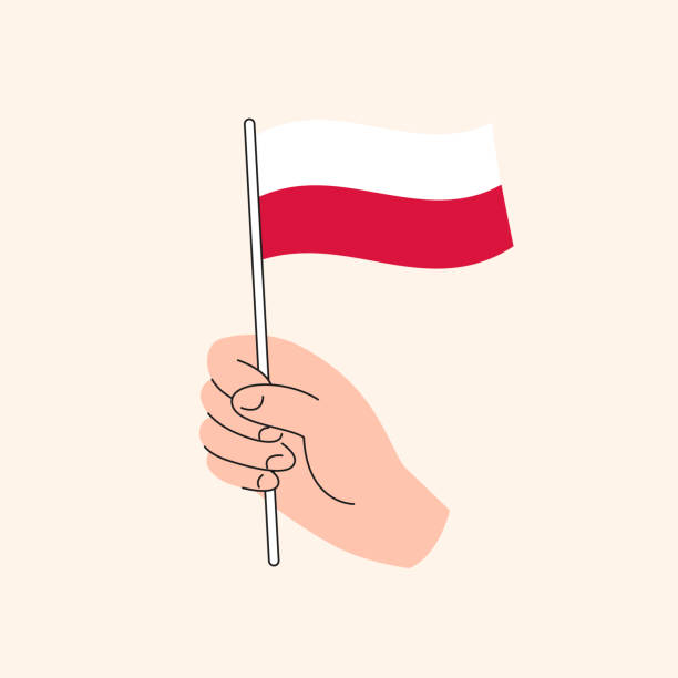 stockillustraties, clipart, cartoons en iconen met cartoon hand holding polish flag icon. isolated vector drawing. - poolse vlag