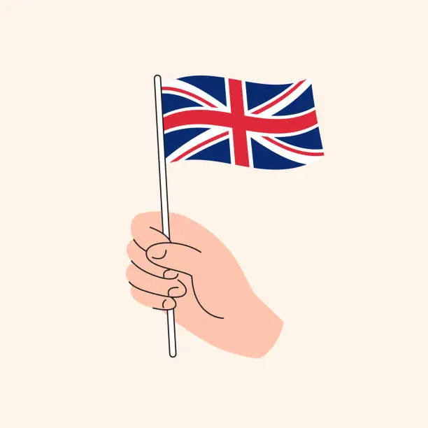 Vector illustration of Cartoon Hand Holding Flag of United Kingdom, Isolated Vector Drawing.