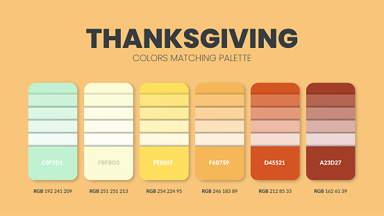 Color scheme for Thanksgiving day. Color Trends combinations and palette guide. Example of table color shades in RGB and HEX. Color swatch for fashion, home, interiors design 2022. Colour chart idea vector.