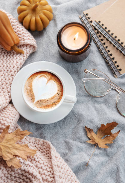 istock Fall flat lay with coffee and autumn decor 1428632706