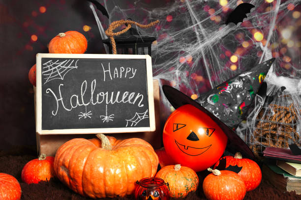 istock Happy Halloween. Orange scary pumpkins, spiders, spider webs and bats. Helloween is loading. 1428636985
