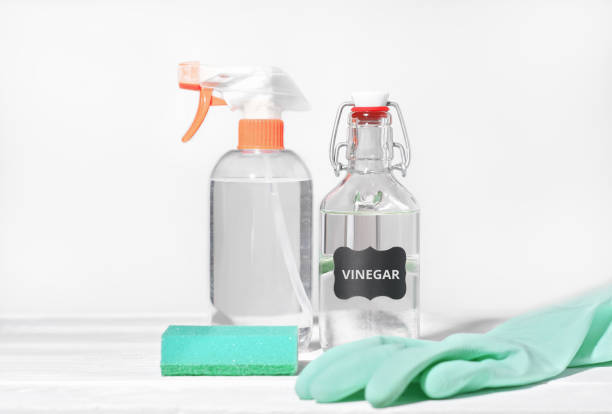 vinagre blanco para tareas de limpieza del hogar, detergente natural para el hogar, producto asequible para el servicio de limpieza, guante de goma y esponja de cocina junto a la botella del pulverizador. - vinagre fotografías e imágenes de stock