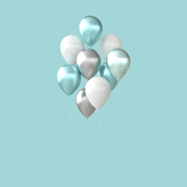 istock 3d render illustration of realistic glossy green, white, silver balloons on green background.  Bunch of balloons for party design 1428639220