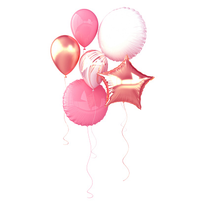 Pink balloons over blue background. Horizontal composition with copy space. Front view.