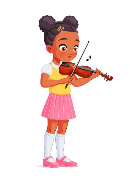 Vector illustration of African American school girl playing violin. Cartoon vector illustration.