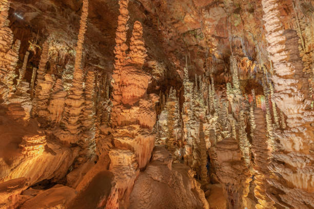 der aven armand klettert 100 meter unter der erde, wo der größte bekannte stalagmit der welt 30 meter hoch ist. - stalagmite stock-fotos und bilder