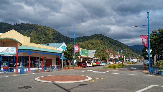 Picton, Marlborough Sounds / Aotearoa / New Zealand - September 20, 2022: Cityscape or streetscape looking up the main street from the waterfront.