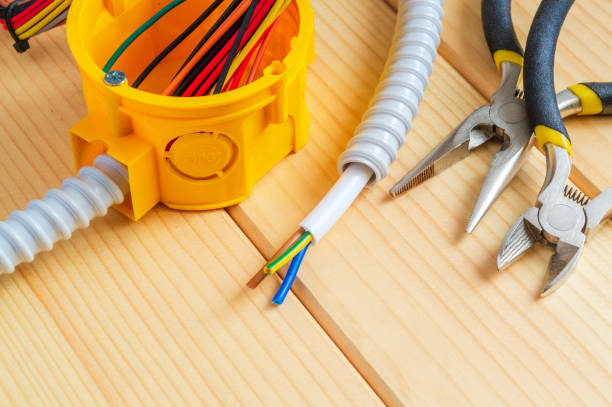 junction box with wire and tools for repairing electrics in the house - electrical junction box imagens e fotografias de stock