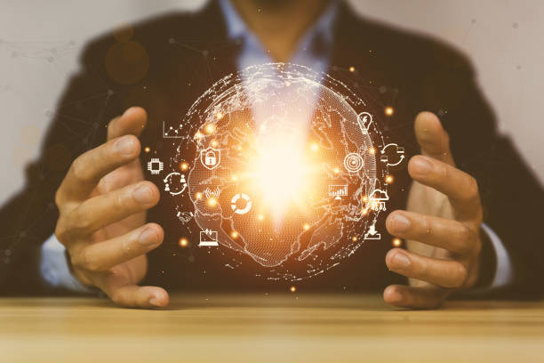 istock Businessman showing a globe in his hand Digital technology shows success. online application concept Worldwide links. Internet Big Data Network Connection of business and marketing Finance and Banking 1428644315