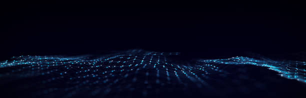 istock Futuristic digital wave. Dark cyberspace. Abstract wave with dots and line. White moving particles on background. 3d rendering. 1428645388