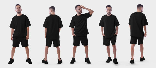 istock Mockup of a black oversized suit on a brutal guy in sneakers, front, back view, isolated on background. Set 1428648617