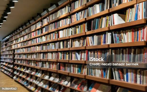 Bookshelf Background In Interior Stock Photo - Download Image Now - Library, Bookshelf, Bookstore