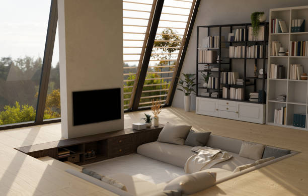 Modern contemporary sunken living room interior design with comfortable sofa, TV on the wall Modern contemporary sunken living room interior design with comfortable sofa, TV on the wall, bookshelves, and home decor. 3d render, 3d illustration sunken stock pictures, royalty-free photos & images