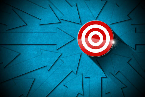 Many Blue Arrows Going to Red and White Target stock photo
