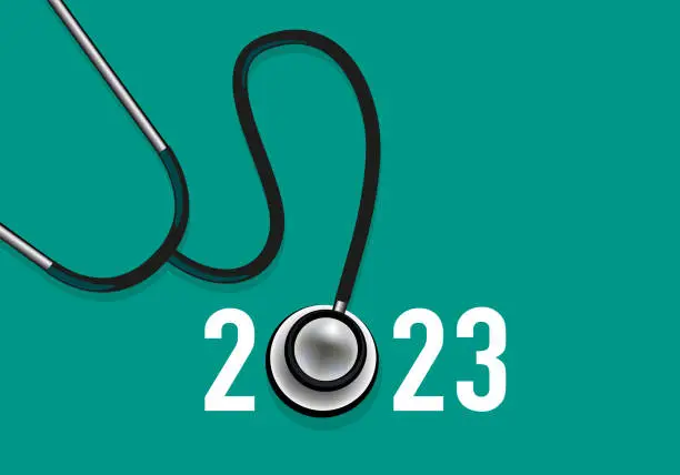 Vector illustration of Greeting card 2023, on the theme of health symbolized by a stethoscope on a red background.