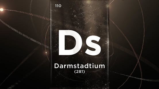 Darmstadtium (Ds) symbol chemical element of the periodic table, 3D animation on atom design background