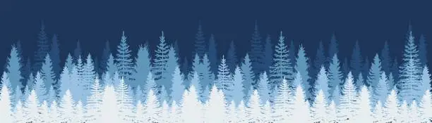 Vector illustration of Christmas. Winter background. Winter Forest background. Pine trees forest landscape. Pine, spruce, christmas tree. Silhouette pine tree panorama view. Vector illustration