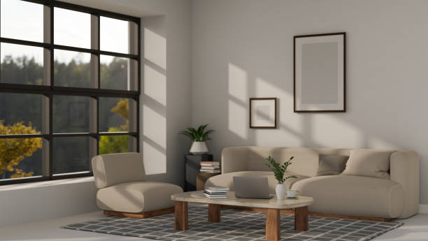 istock Minimal comfortable home living room with comfy couch, minimalist coffee table, home decor 1428652464