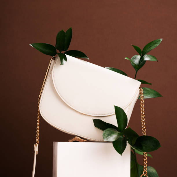 Stylish handbag with green branches on podium in studio
