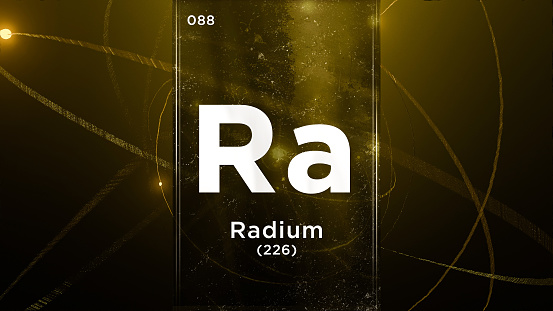 Radium (Ra) symbol chemical element of the periodic table, 3D animation on atom design background