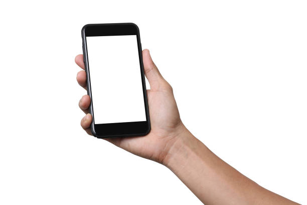 istock Hand man holding mobile smartphone with blank screen isolated on white background with clipping path 1428656436