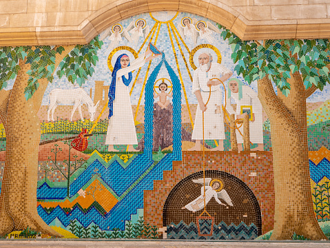 Cairo, Egypt - September 30, 2021: church of St. Mary in Cairo. Mosaic icon of the Holy Family in front of the entrance to the Coptic temple.