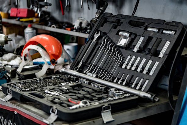 istock Set of hand tools in box at a car service 1428658997