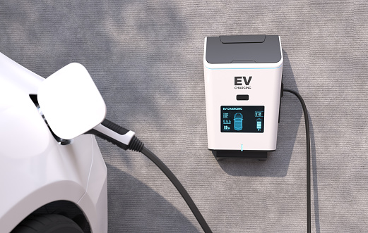 EV Charging Station, Clean energy filling technology, Electric car charging. 3D illustration
