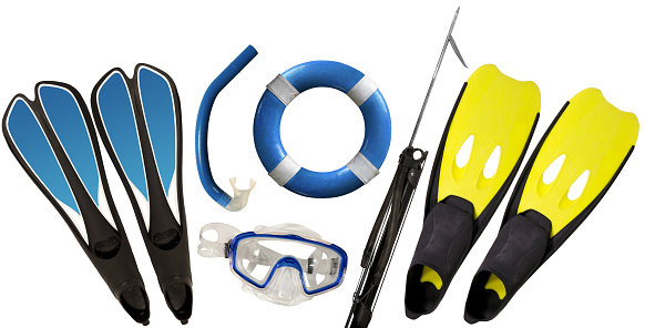 Diving and Spearfishing Equipment. Blue, yellow and black diving flippers, scuba mask, snorkel, ring buoy and a speargun. Isolated on white background, photography.