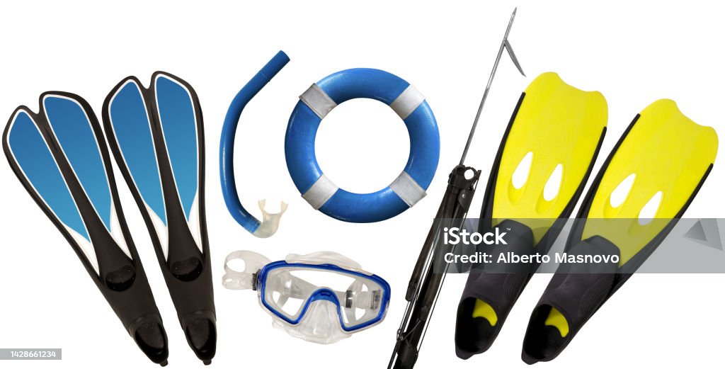 Diving and Spearfishing Equipment Isolated on White Background Diving and Spearfishing Equipment. Blue, yellow and black diving flippers, scuba mask, snorkel, ring buoy and a speargun. Isolated on white background, photography. Diving Equipment Stock Photo