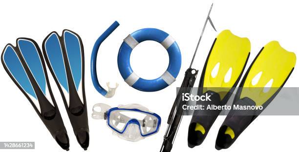 Diving And Spearfishing Equipment Isolated On White Background Stock Photo - Download Image Now