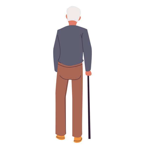 Elderly man walking backwards. Grandfather with a walking stick Elderly man walking backwards. Grandfather with a walking stick. Flat vector illustration on white background back to front stock illustrations
