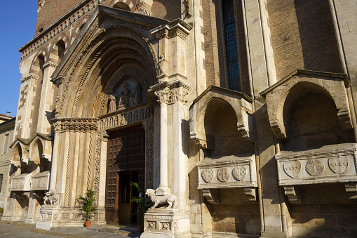Vicenza, Italy - July 3, 2022: Exterior of historic buildings in Vicenza, Veneto, Italy: San Lorenzo church