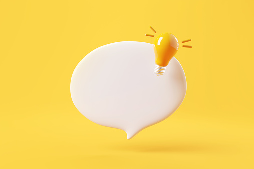 Quick Tips badge with light bulb and speech bubble on yellow background. copy space. 3d rendering.