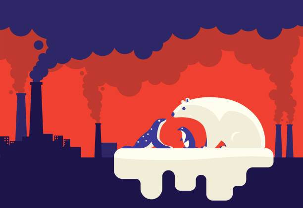 ilustrações de stock, clip art, desenhos animados e ícones de polar bear meeting penguin and seal with smoking chimneys background - factory pollution smoke smog