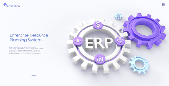 ERP, enterprise resource planning isometric landing page. Productivity and improvement system, data analysis charts, business integration, office icons on cogwheel or gear, web banner. 3D render