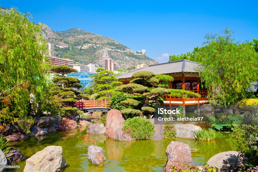 Beautiful japanese exotic garden in Monte Carlo, Monaco Jardin Exotique Stock Photo