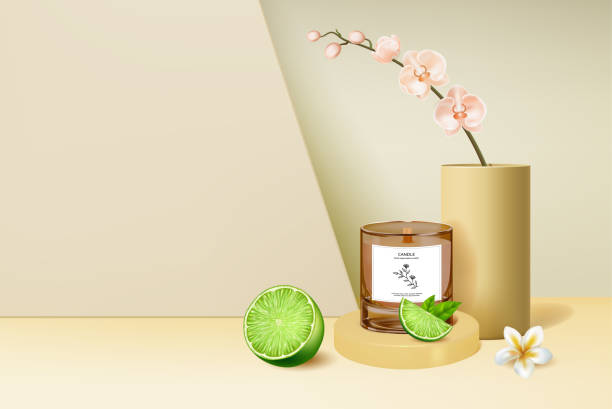 ilustrações de stock, clip art, desenhos animados e ícones de lime scented soy wax candle aromatherapy concept background. vector - background cosy beauty close up