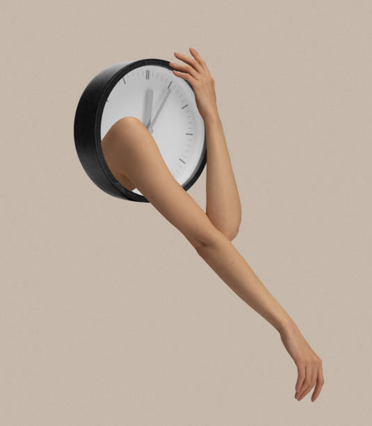 istock Contemporary art collage. Conceptual design. Female hands appearing from clock. Deadlines 1428668189