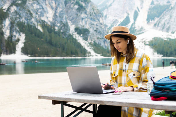 istock Young woman learning online during her stay on the mountain 1428669039