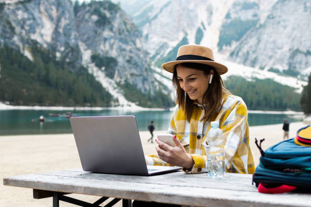 istock Beautiful student learning online in a beautiful, scenic mountain resort 1428669044